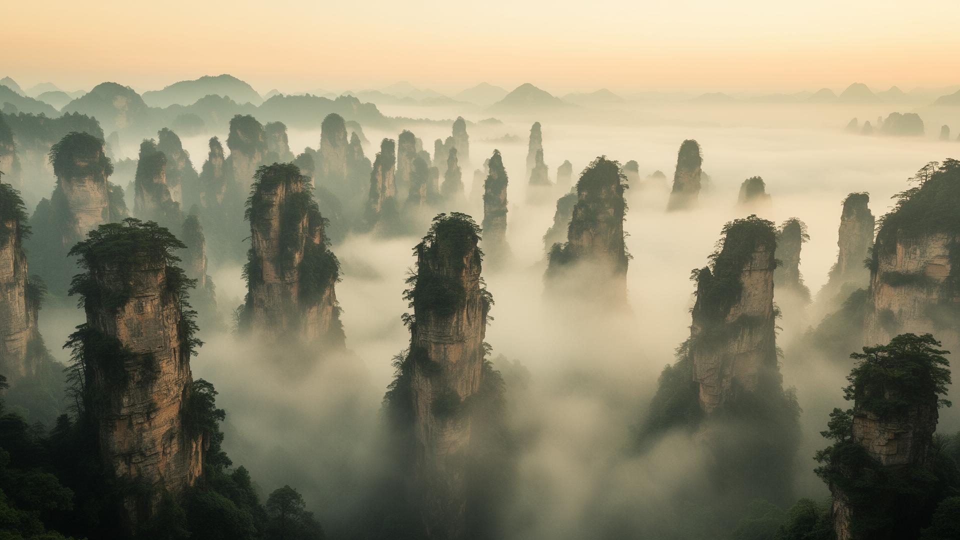 Mist-shrouded sandstone pillars of Zhangjiajie at dawn